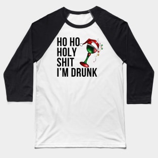 Christmas Humor. Rude, Offensive, Inappropriate Christmas Design. Ho Ho Holy Shit I'm Drunk. Black Writing with Christmas Lights Wine Glass and Santa Hat Baseball T-Shirt